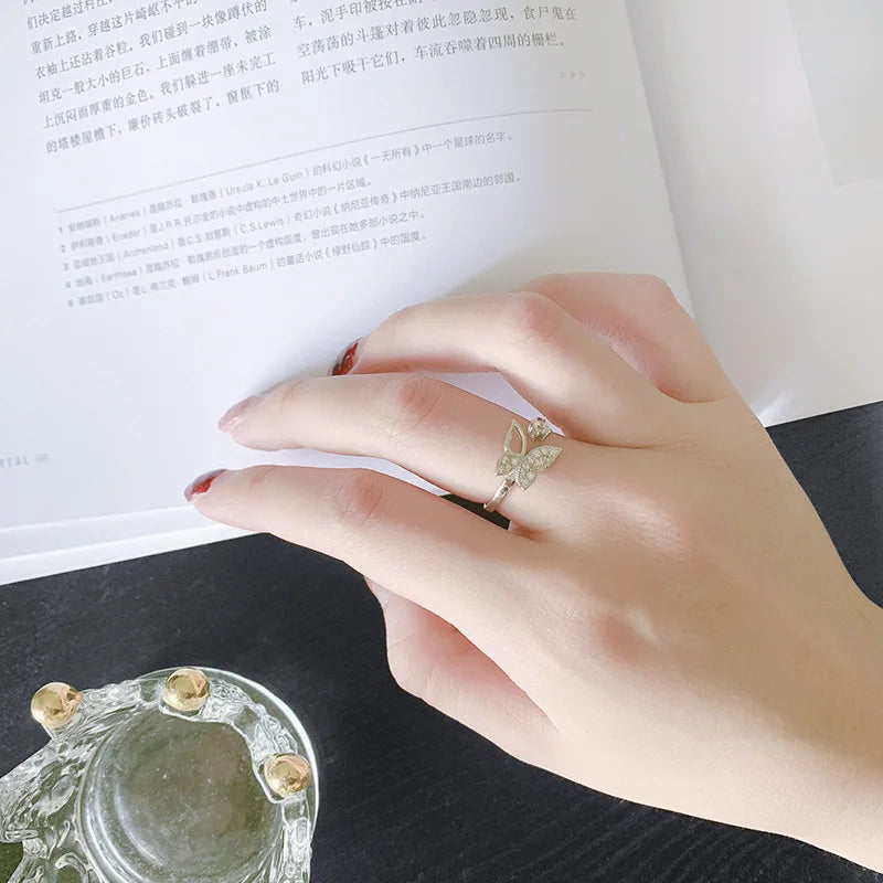 Elegant 925 Sterling Silver Ring Cute Butterfly White Zircon Open Ring for Women