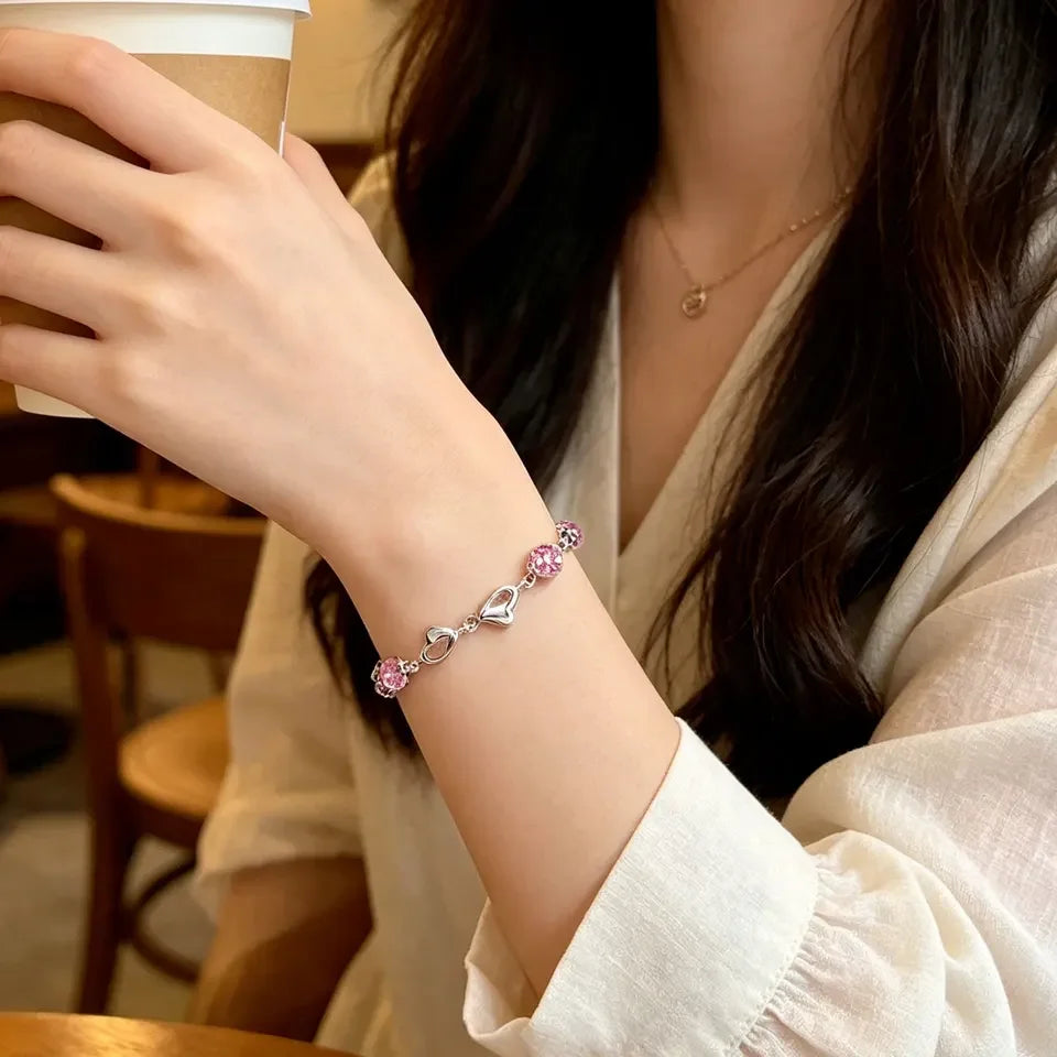 Beautiful 925 Sterling Silver Heart Shaped Bracelet For Women vintage style Pink Moissanite