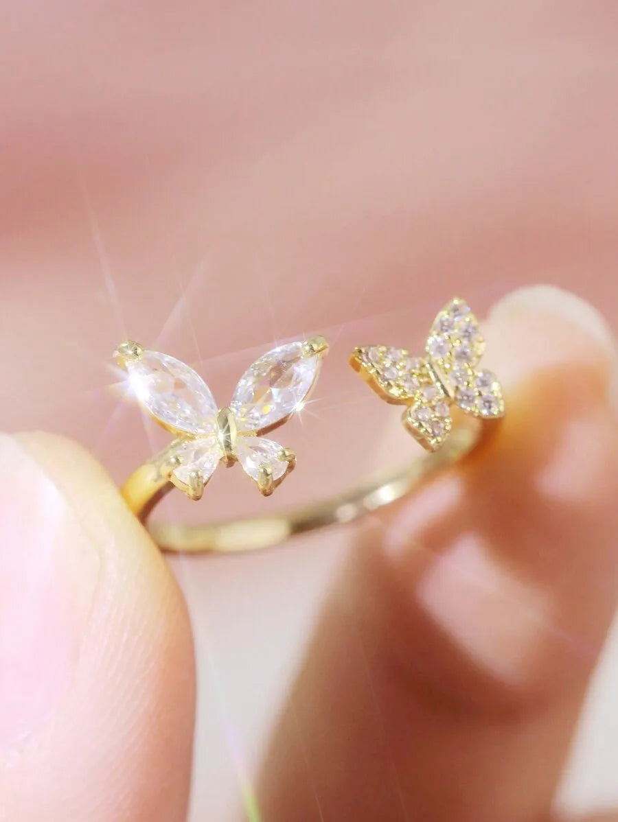 Butterfly Micro Inlaid Zirconia Adjustable Open Ring For Women