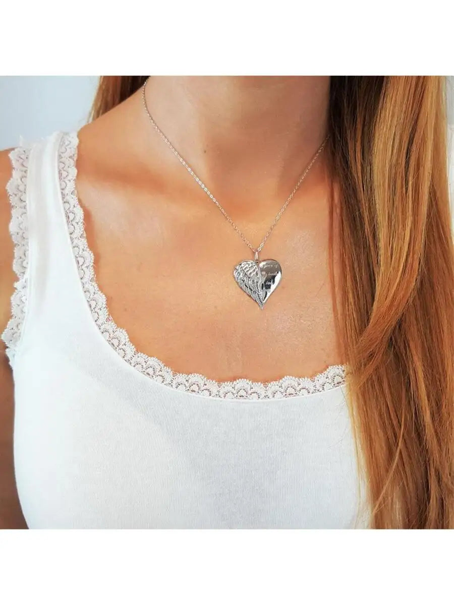 Angel Wing Heart Pendant Necklace With Engraved Slogan For Women