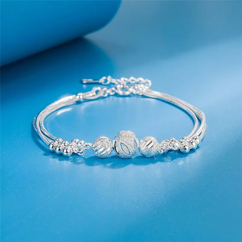 Fine 925 Sterling Silver Lucky Beads Ball Chain Bracelet For Women
