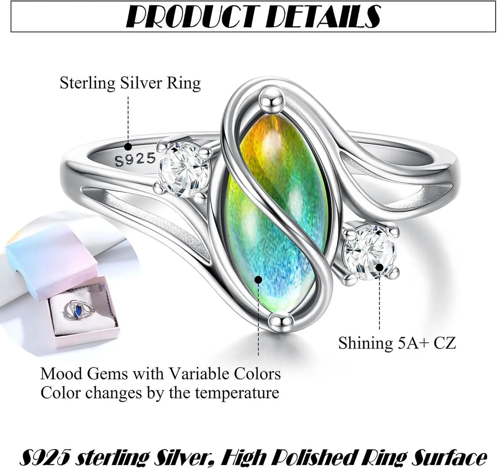 Elegant 925 Sterling Silver Rings for Women Mood Ring Color Change Cubic Zirconia Accents Ring Gold Plated Oval Solitaire Statement Silver Rings