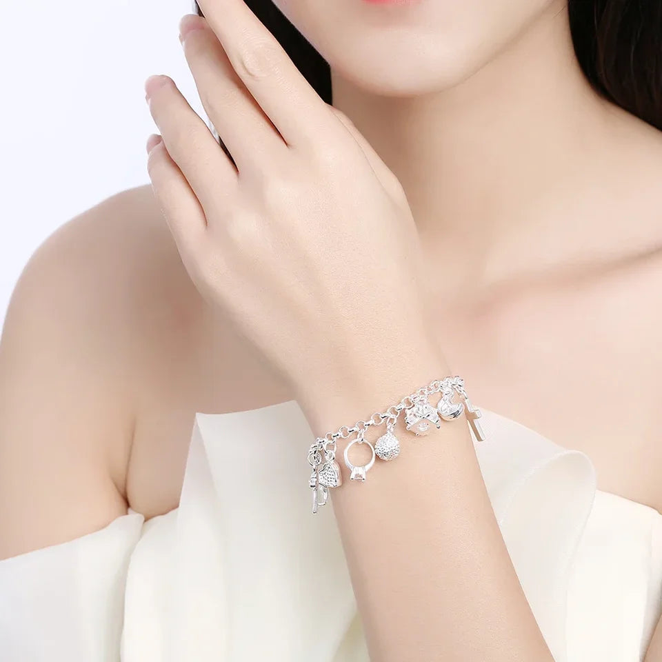 Fashion 925 Sterling Silver Bracelet for Woman Pretty Heart Zircon Pendant Chain 20CM 8inch
