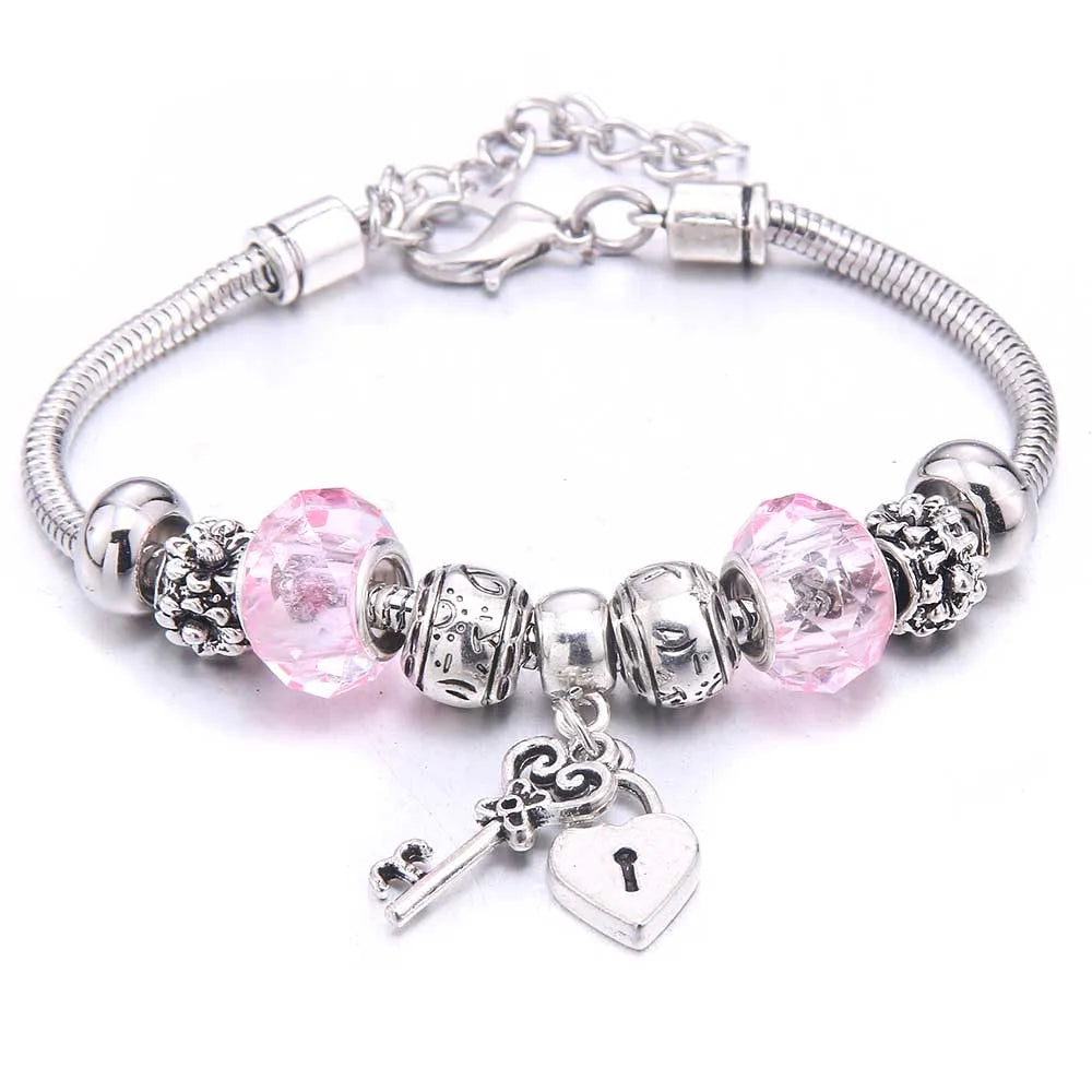 Pink Butterfly Charm Bracelet Snake Chain Lobster Clasp Beaded Bangle