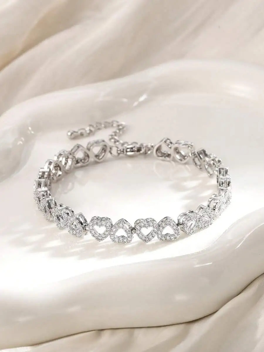 Luxury CuZirconia Heart Shaped Adjustable Bracelet, Minimalist Elegant Sparkly