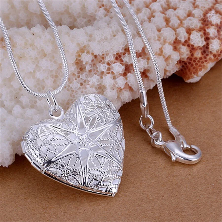 925 Sterling Silver Photo Frame Pendant Necklace 18/20/22/24 Inch Snake Chain For Woman
