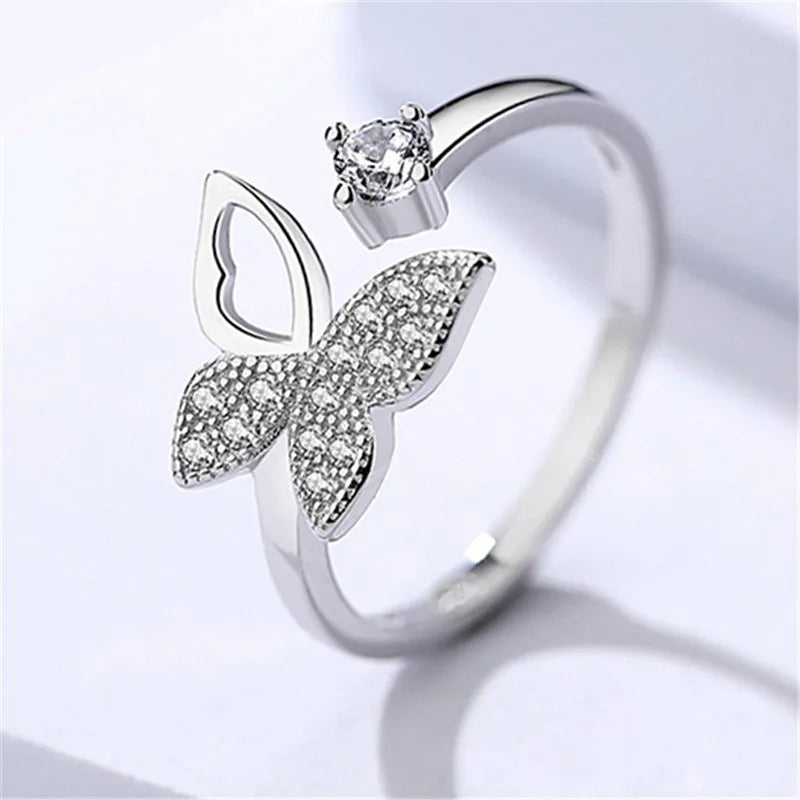 Elegant 925 Sterling Silver Ring Cute Butterfly White Zircon Open Ring for Women