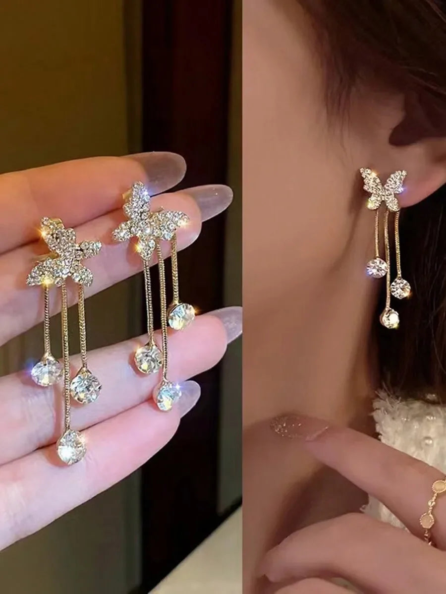 Sparkly Butterfly Drop Earrings With Crystal Tassels For Women