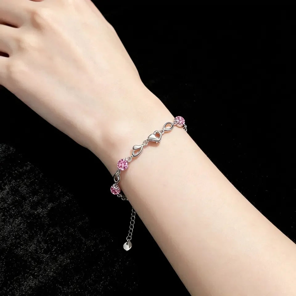 Beautiful 925 Sterling Silver Heart Shaped Bracelet For Women vintage style Pink Moissanite