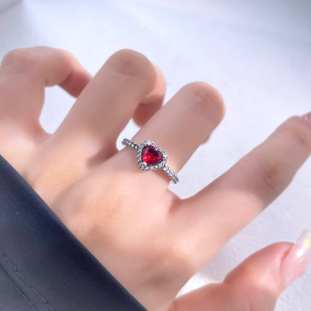 Cute Silver-Plated Heart Halo Ring, Red Cz Center Stone & Pave Clear Cz Accent