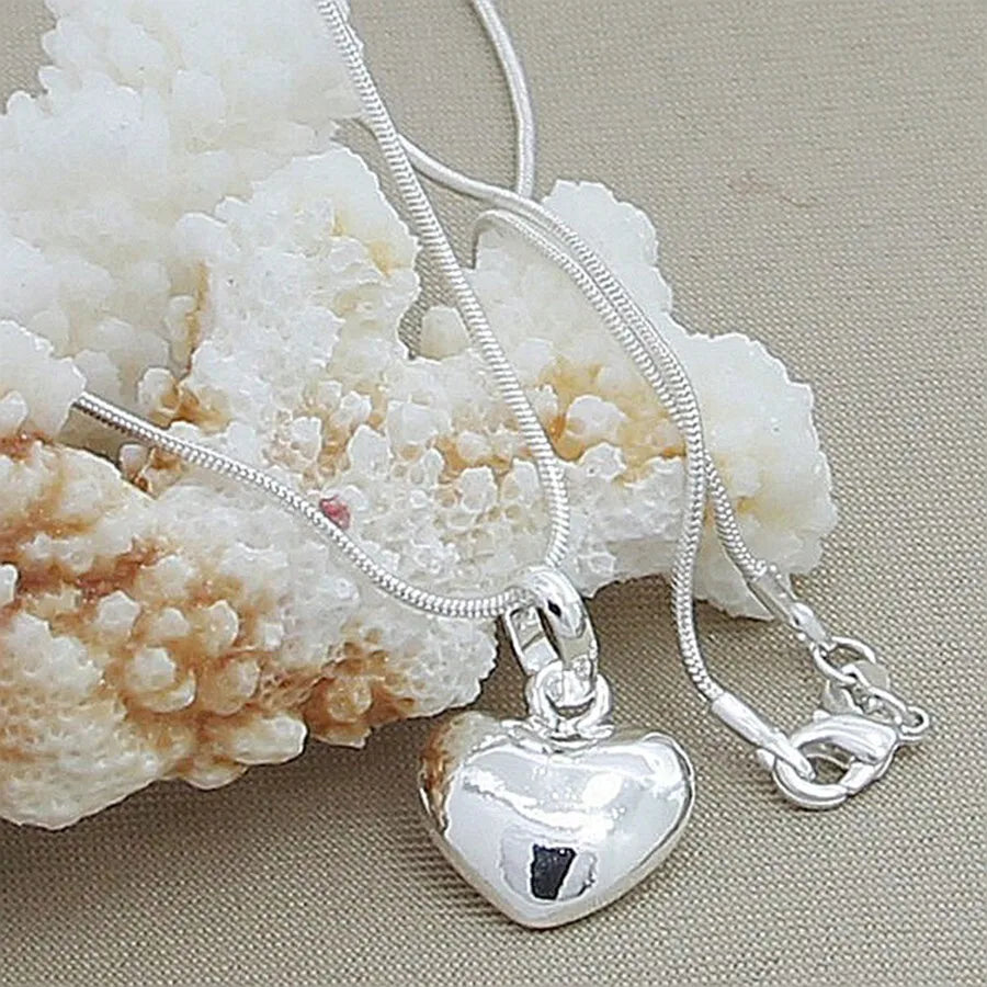 Charm Silver Solid Small Heart Pendant Necklace 16-30 Inch Snake Chain For Women