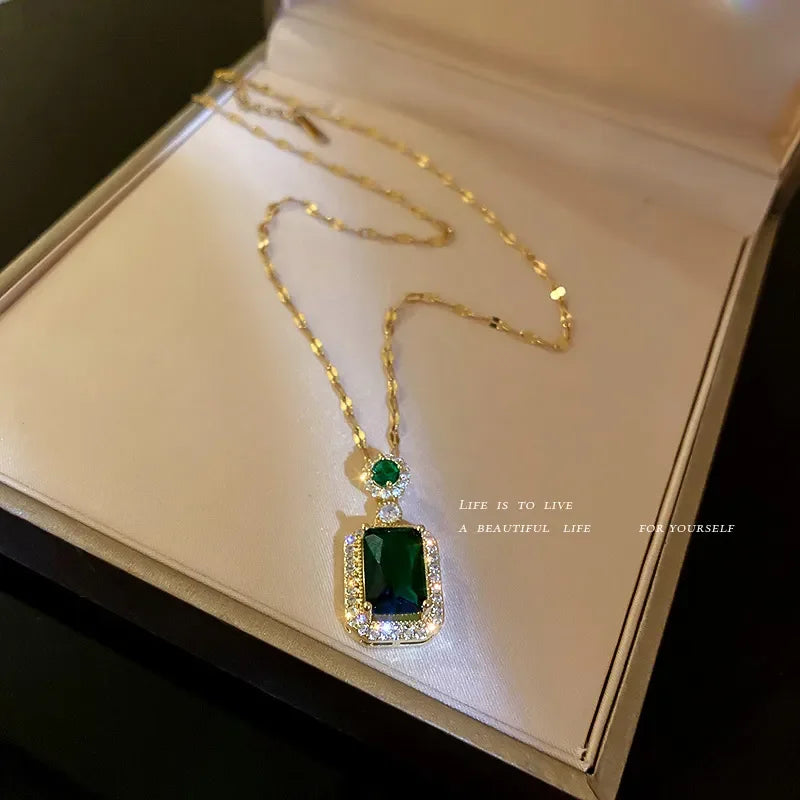 Silver Needle Zircon Emerald Artificial Crystal Earrings Necklace Set