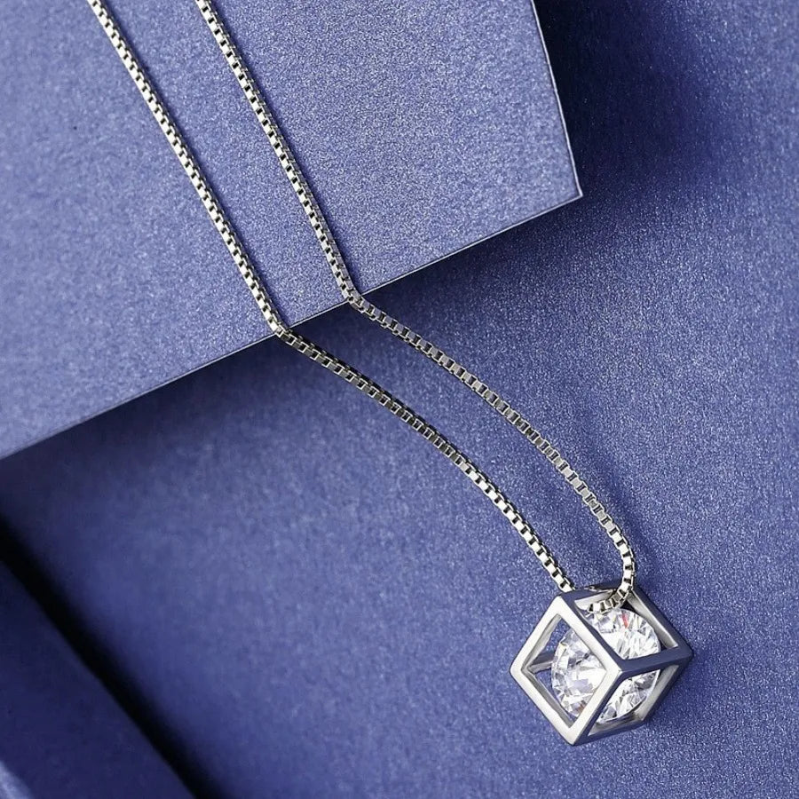 3D Hollow Square Cubic Zirconia Pendant Necklace for Women, Silver Plated Thin Snake Chain