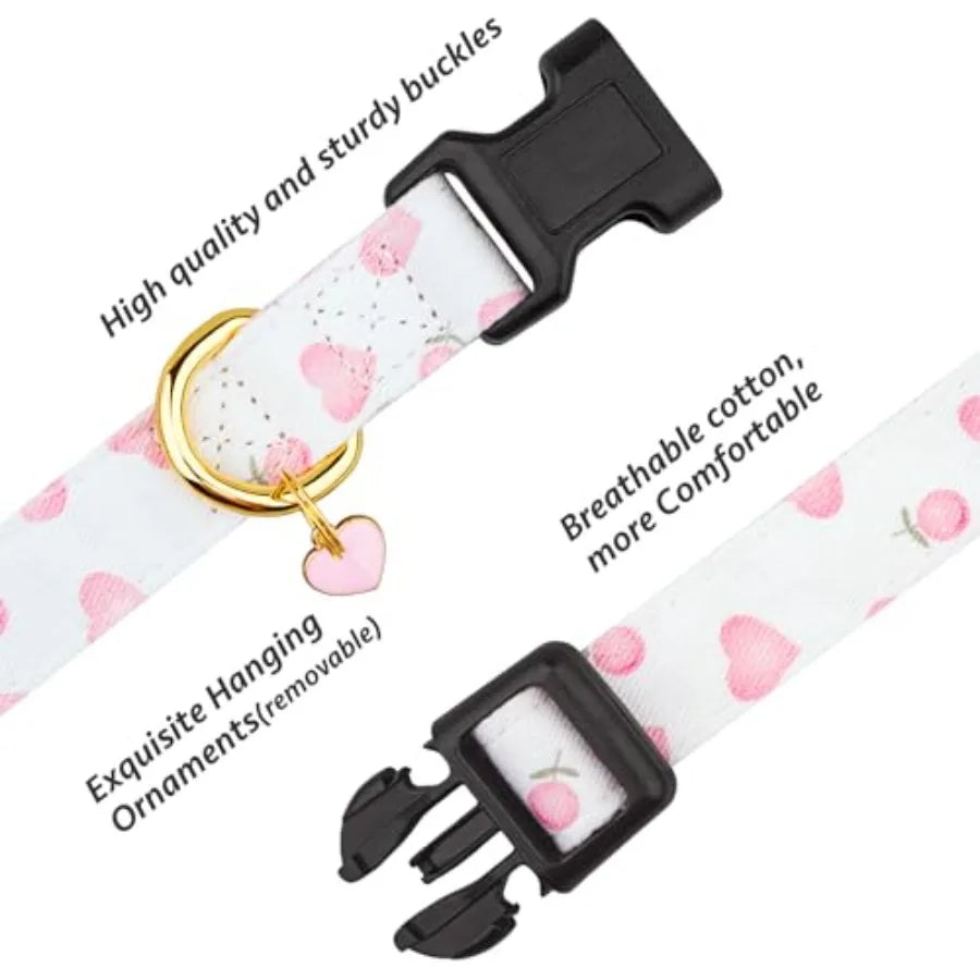 Cotton Handmade Dog Collar Cute and Distinctive Patterns White and Pink Love Heart with Pendant