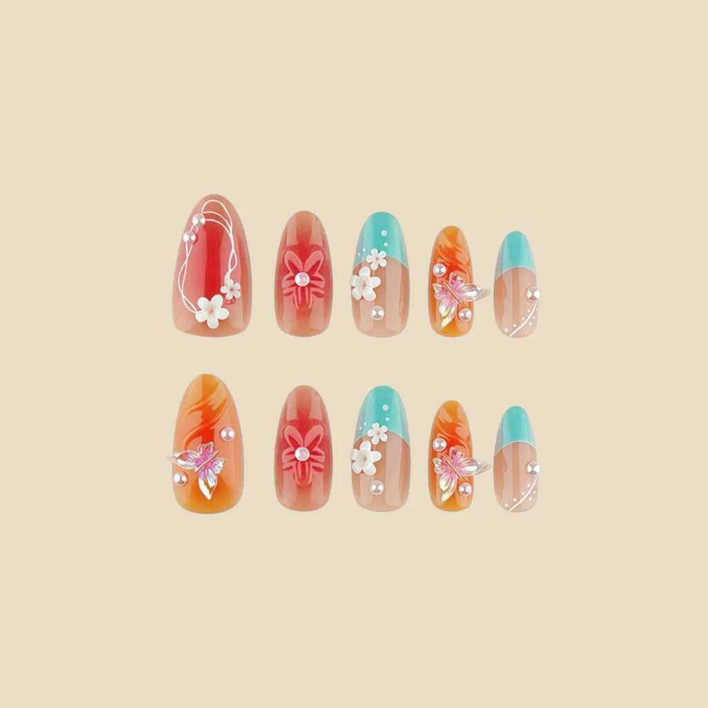 24Pcs fake nail art, 3D three-dimensional flower pearl gentle fake nail