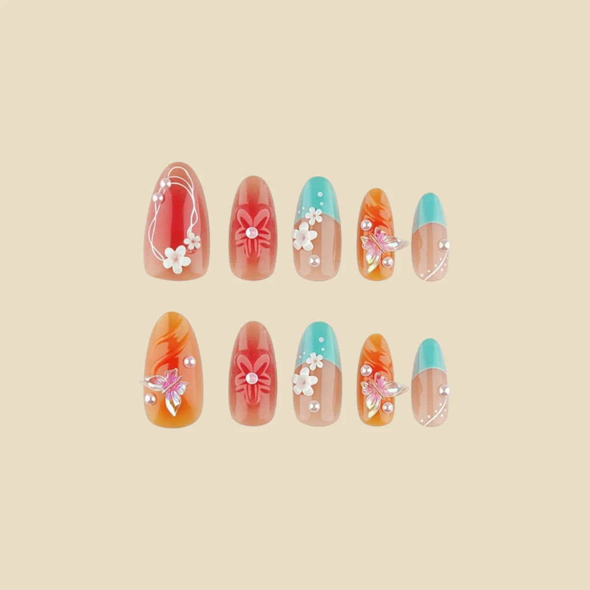 24Pcs fake nail art, 3D three-dimensional flower pearl gentle fake nail