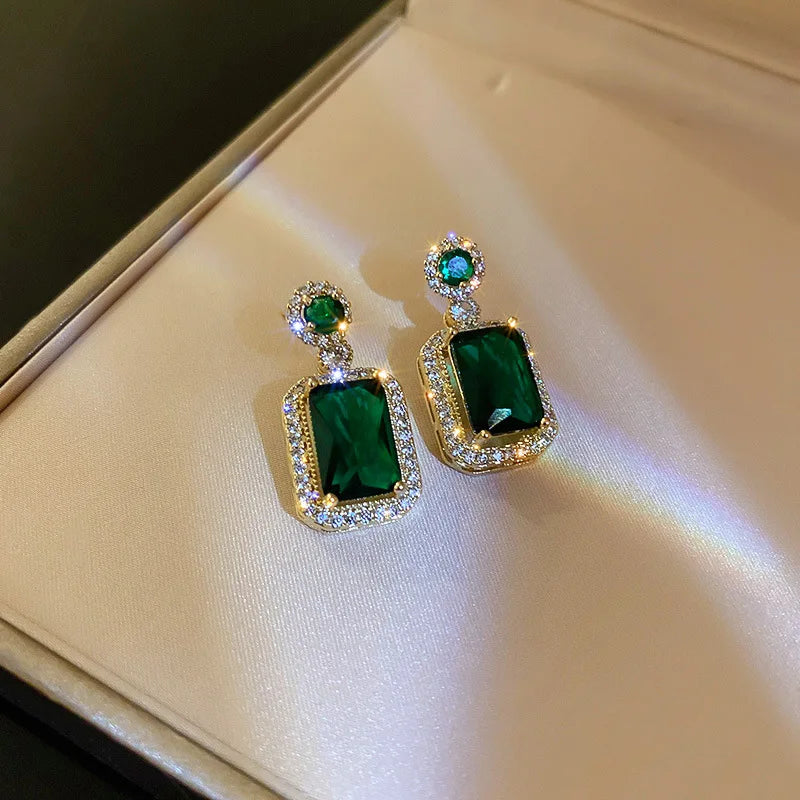 Silver Needle Zircon Emerald Artificial Crystal Earrings Necklace Set