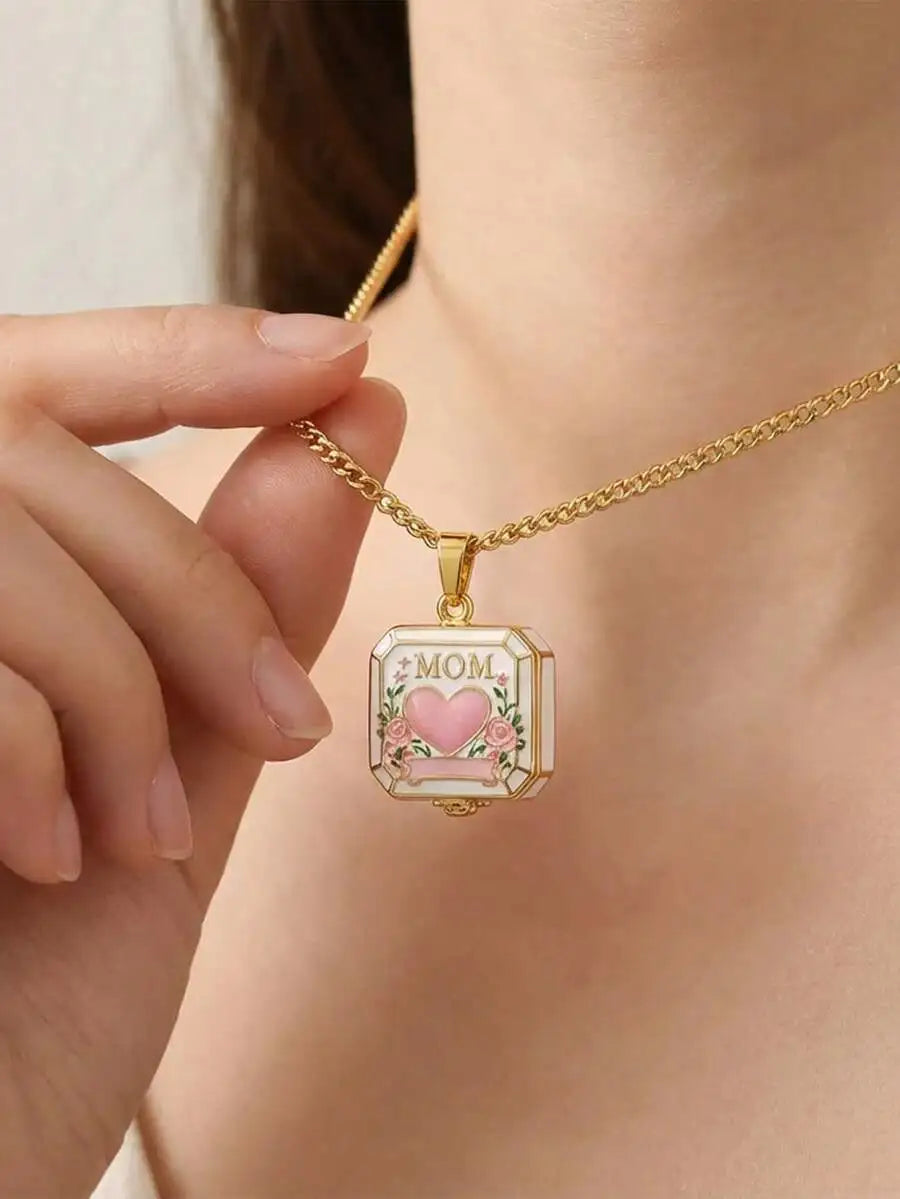 Enamel Mom Heart Locket Pendant Necklace For Women