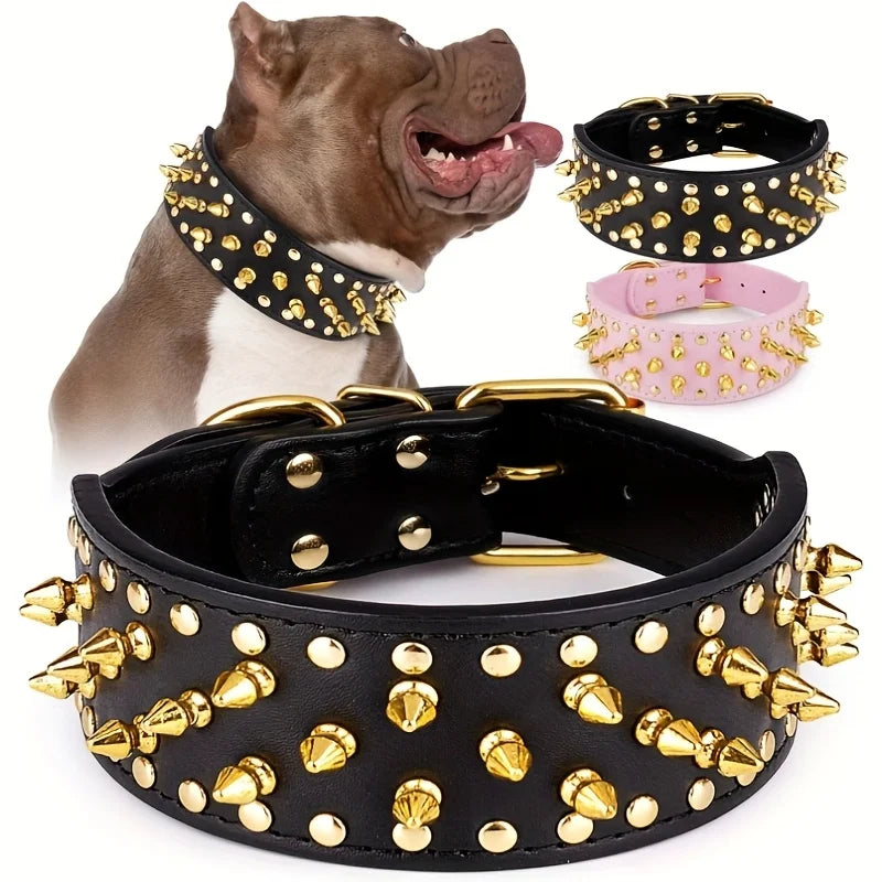 Wide Golden Spiked Dog Collar, Epesiri Dog Chain Collars, Mushroom Rivet Faux Leather