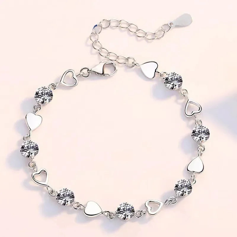 Luxury 925 Sterling Silver Heart Zircon Bracelet for Women
