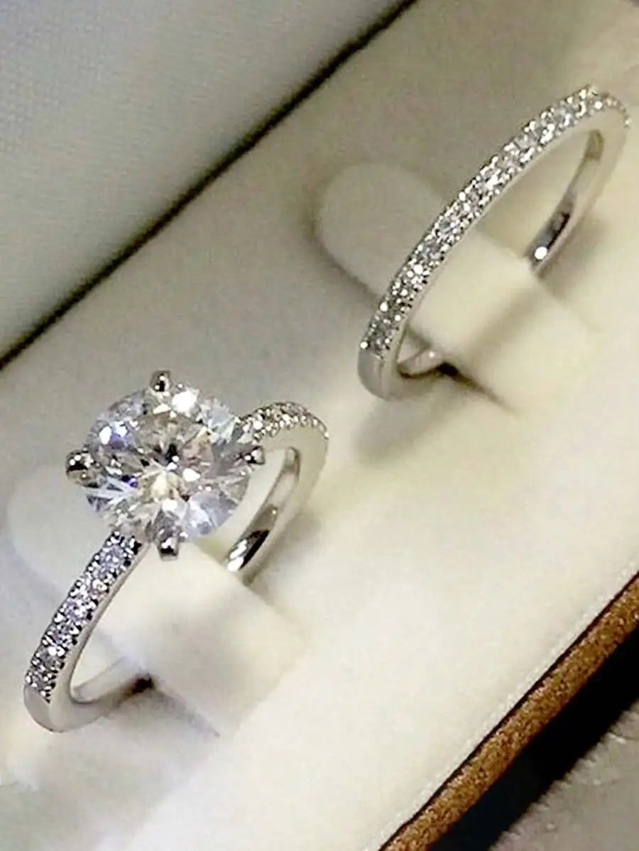 2pcs Classic Zirconia Round Ring Set For Women