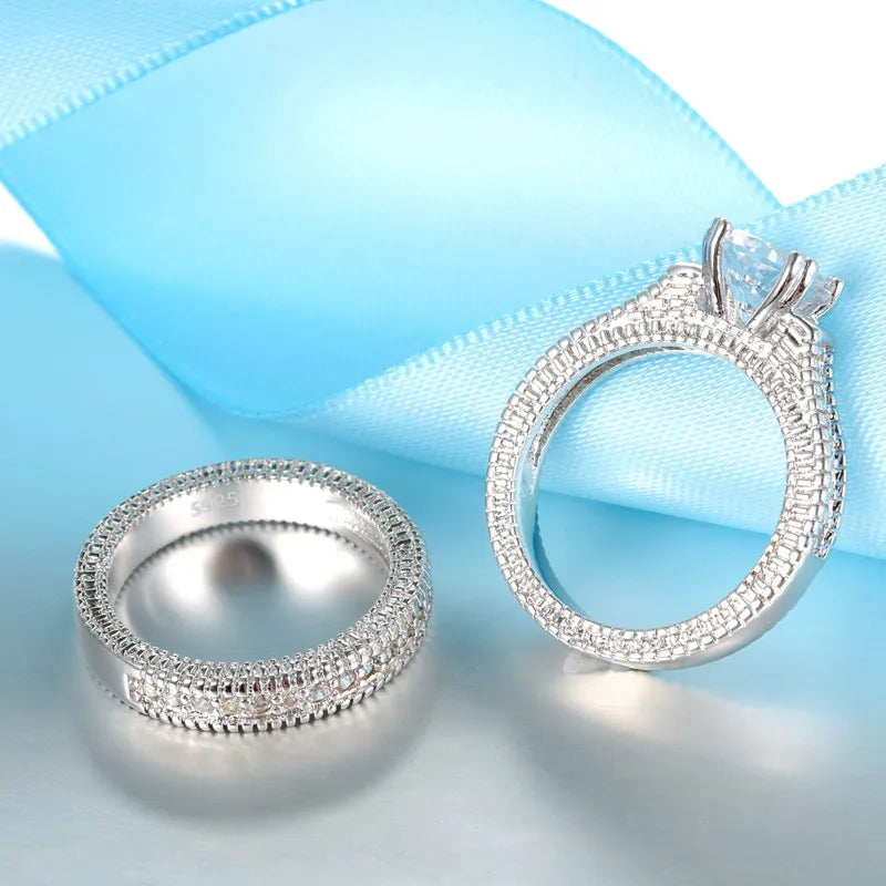 Elegant Ring Set 925 Sterling Silver Color With Full Shiny Cubiz Zircon Stone