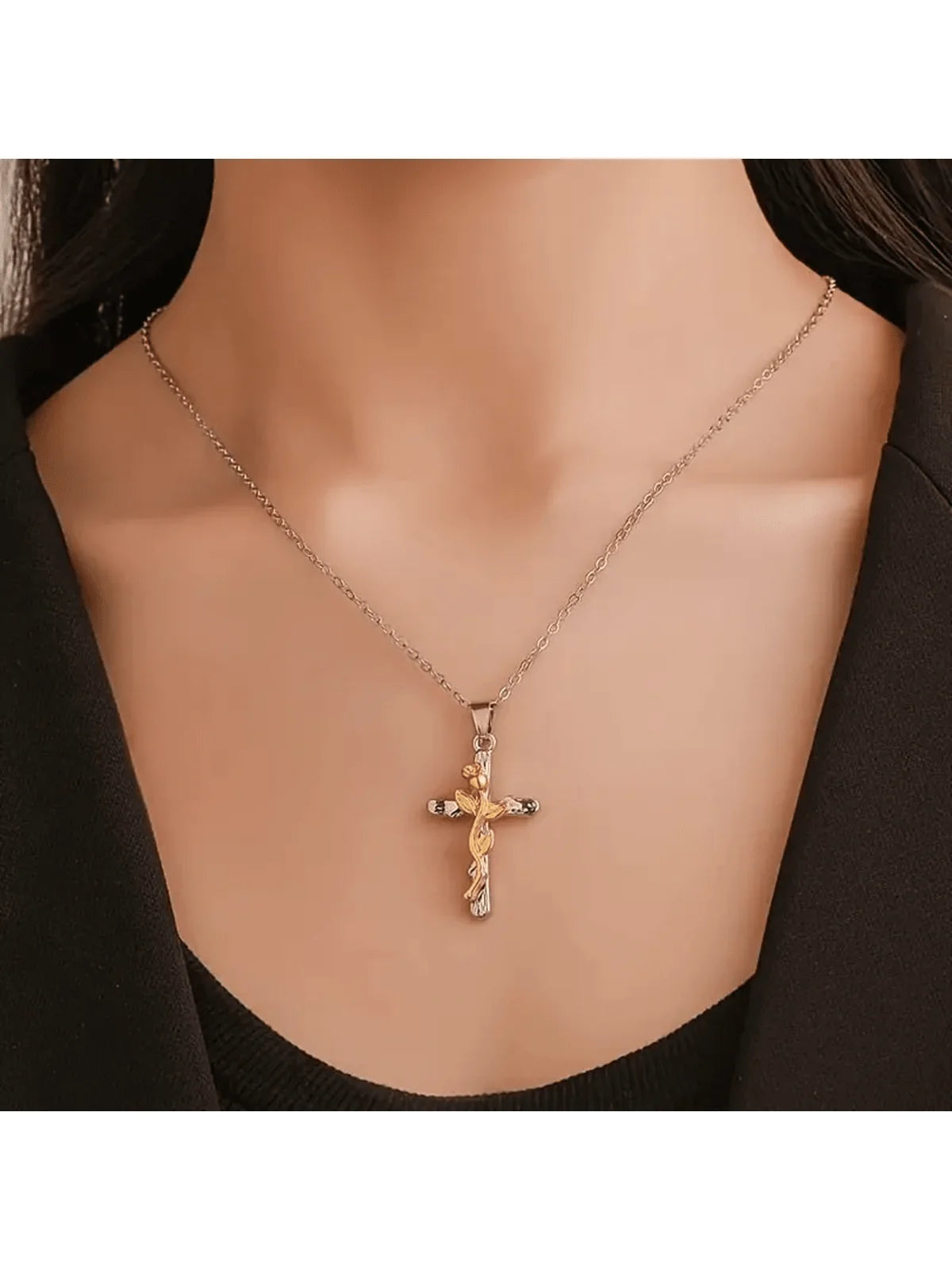 Rose Cross Flower Leaf Pendant Necklace Classic Jewelry For Women