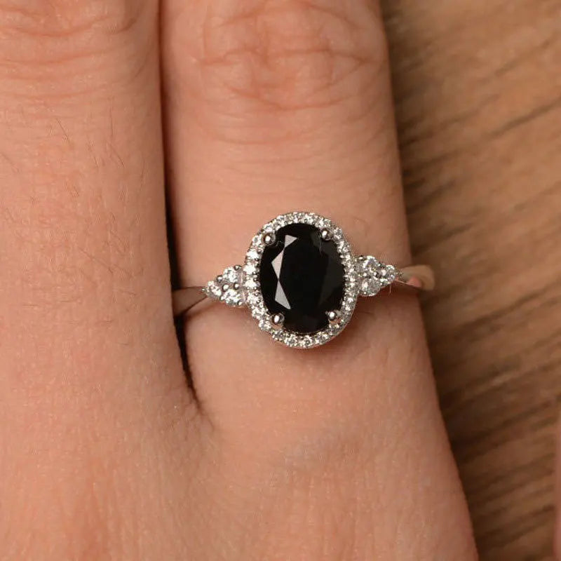 Black Oval Zircon Ring for Women Silver Tone Halo Setting Sparkling CZ Inlaid Elegant Light Luxury