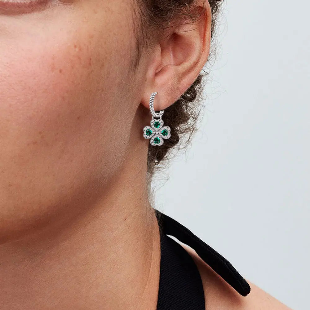 925 Sterling Silver Elegant Sparkling Lucky Clover Hoops Earring For Women