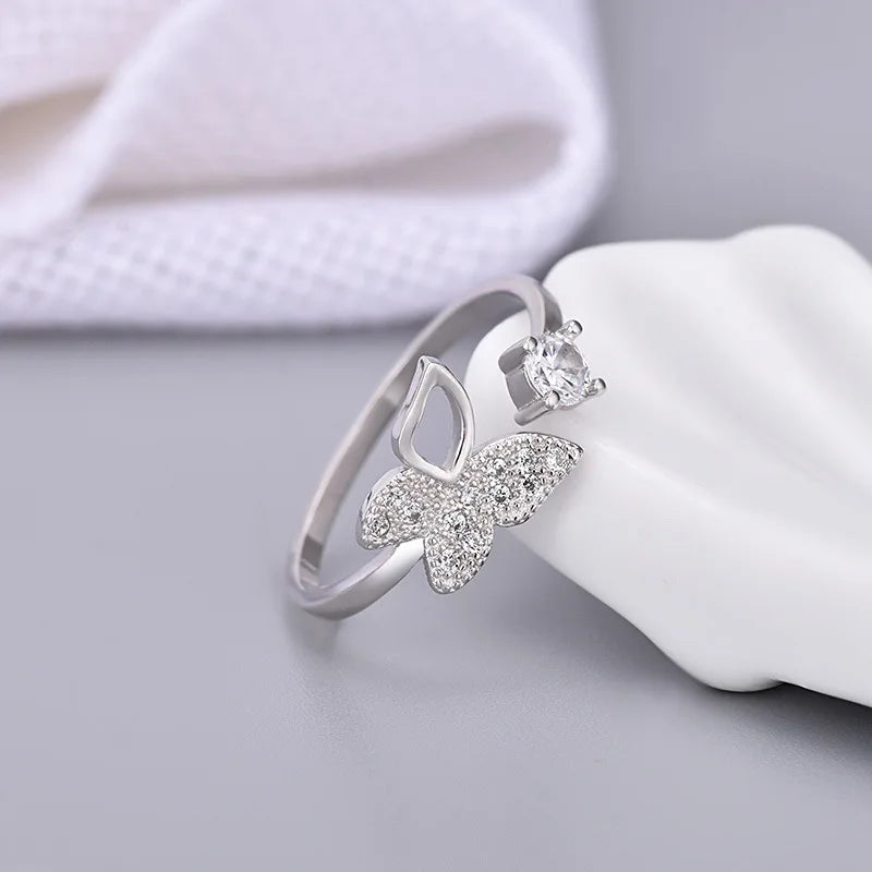 Elegant 925 Sterling Silver Ring Cute Butterfly White Zircon Open Ring for Women