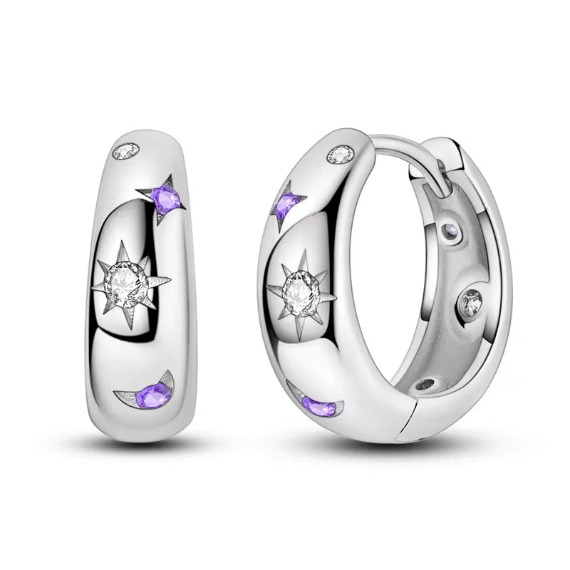 Elegant 925 Sterling Silver Sun Moon Stars Earrings Purple Zirconium Hoop Earring