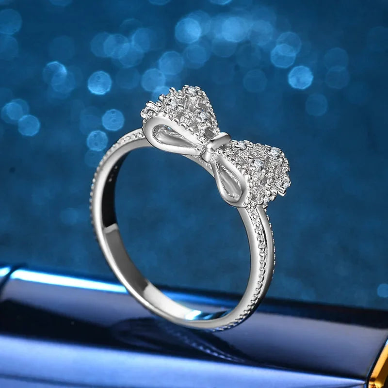 Beautiful 925 Sterling Silver Lovely Bowknot Shaped Jewelry Ring Micro Paved Bow Tie Zircon