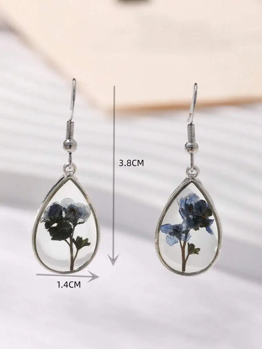 Gorgeous Dried Flower Pressed Resin Forget Me Not Blue Drop Earrings For Women