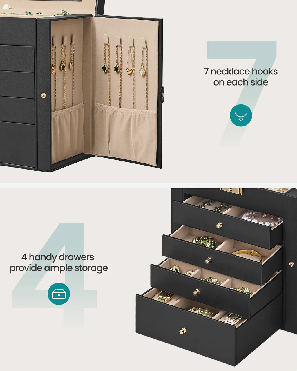 Beautiful 5-Layer Jewelry Box Organizer with 4 Drawers, Jewelry Storage Case with Lock and Mirror