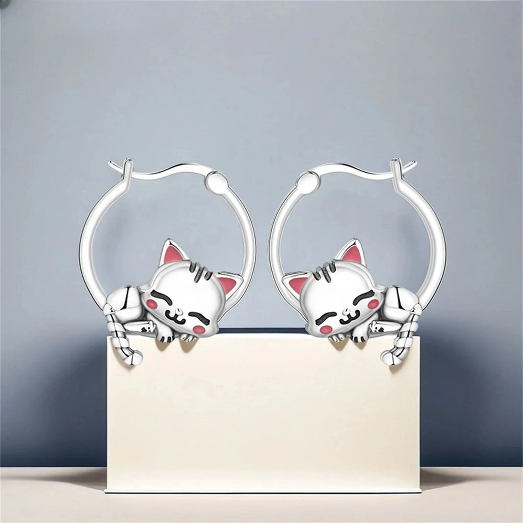 Cute Sleeping Cat Hoop Earrings Silver plated for Women Girls Daily Party Wear