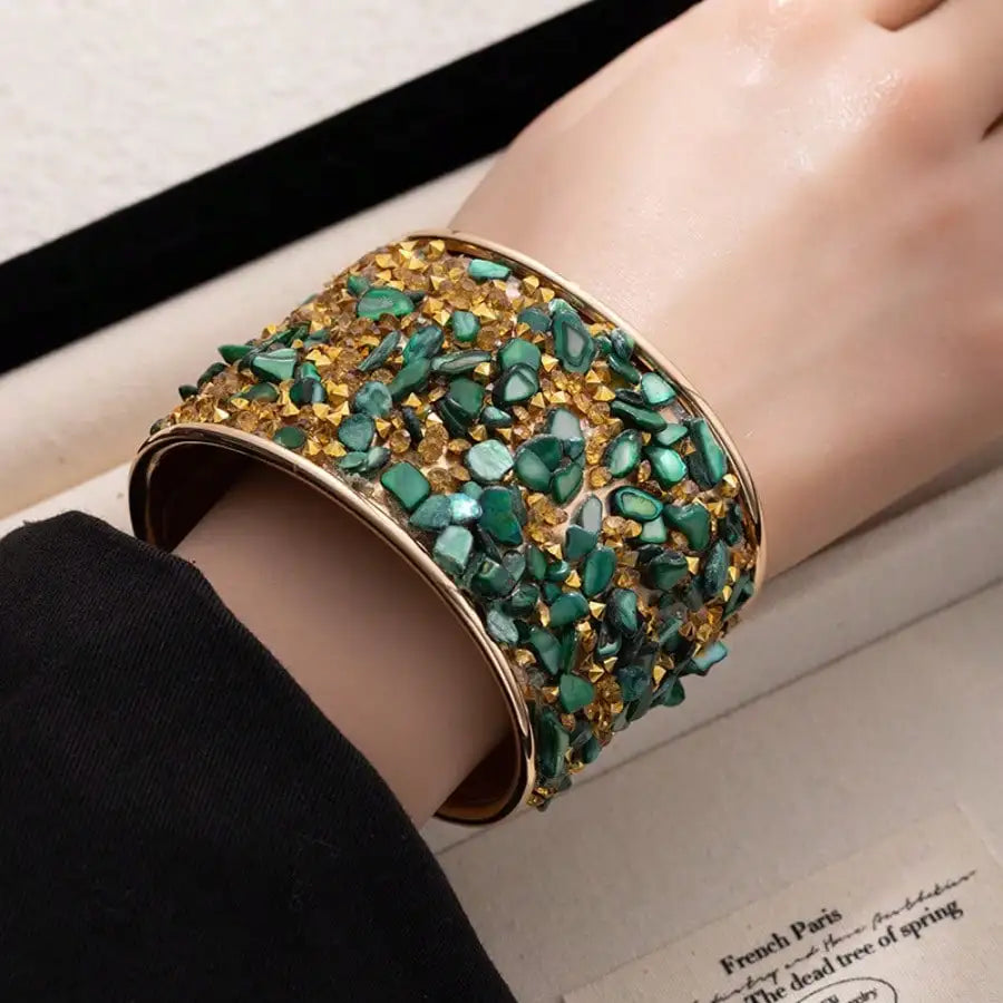 Colorful Crushed Stone Wide Open Bangle, Sparkling Diamond Inlaid Bracelet, High-end Cool Arm Cuff Jewelry