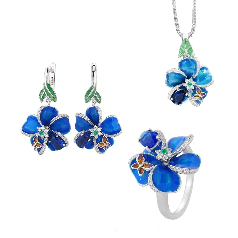 Beautiful 925 Sterling Silver Big Clip Earring Blue Enamel Flower Dangle Earring for Women