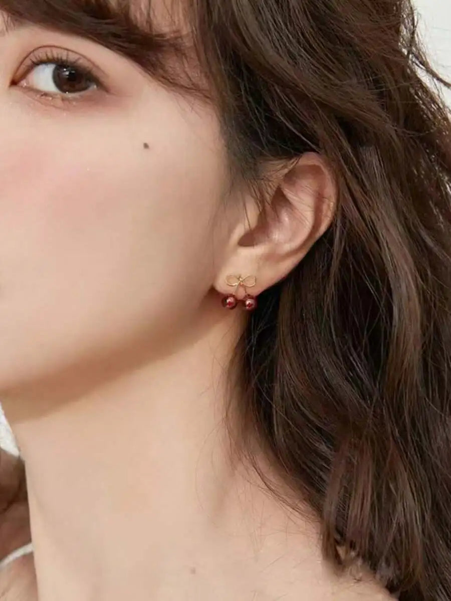 Cherry Wine Red Cute Fruit Design Small Stud Earrings For Women
