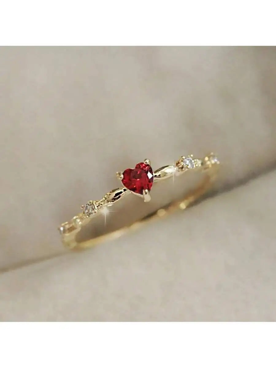 Minimalist Heart Shape Ring With Red Stone And Crystal Accents For Daily Wear