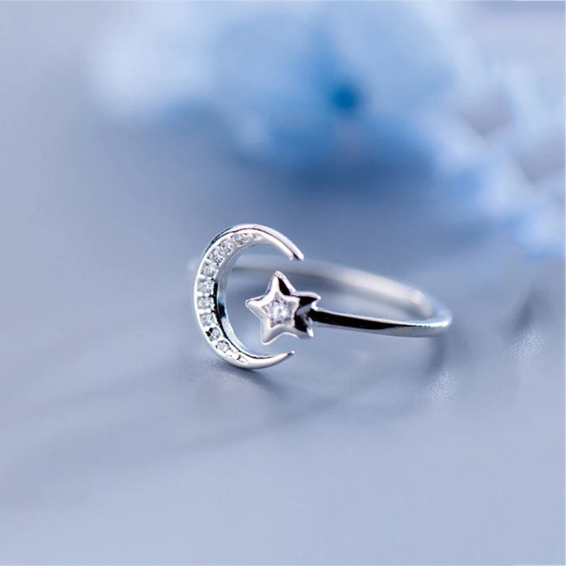 Real 925 Sterling Silver Minimalist Zircon Moon Star Opening Ring For Women