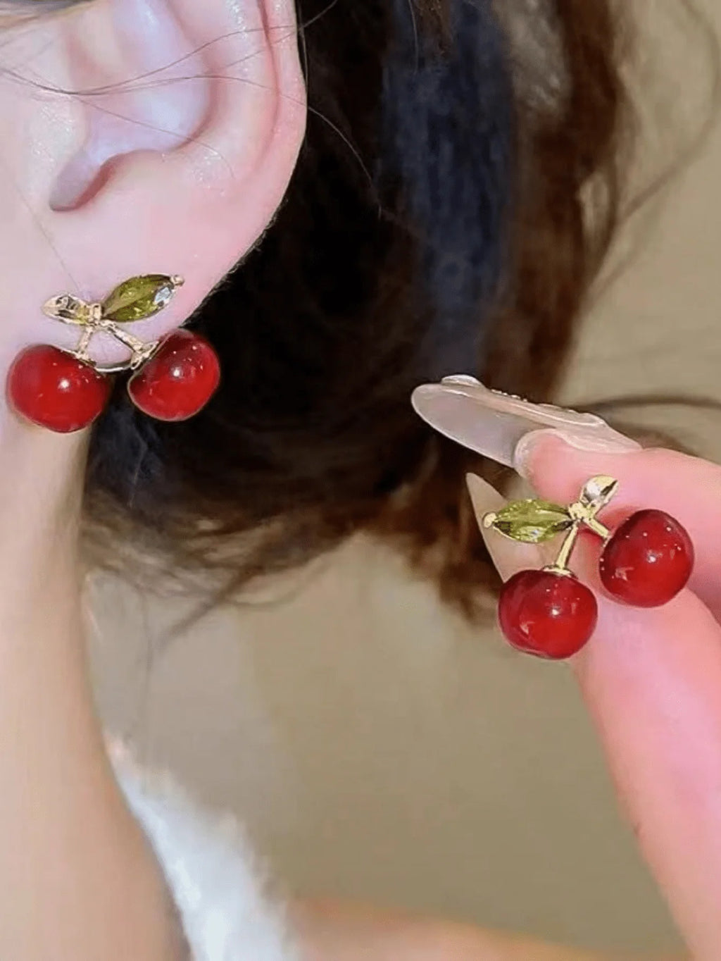 Cherry Design Stud Earrings For Women Red And Green Gemstone Fashion Jewelry