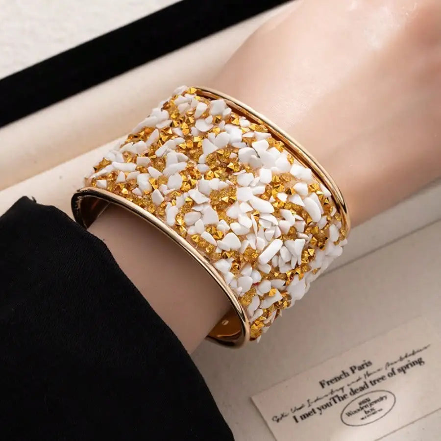 Colorful Crushed Stone Wide Open Bangle, Sparkling Diamond Inlaid Bracelet, High-end Cool Arm Cuff Jewelry