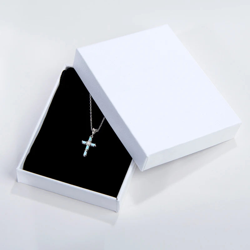 Blue Synthetic Opal Cross Pendant Necklace 925 Sterling Silver Vintage Silver Color