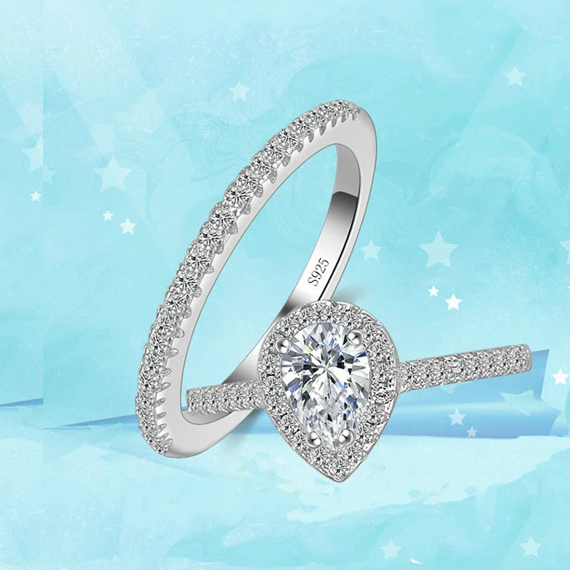 Luxury 925 Sterling Silver  ring set Jewelry Teardrop Zircon CZ Diamant Ring Set
