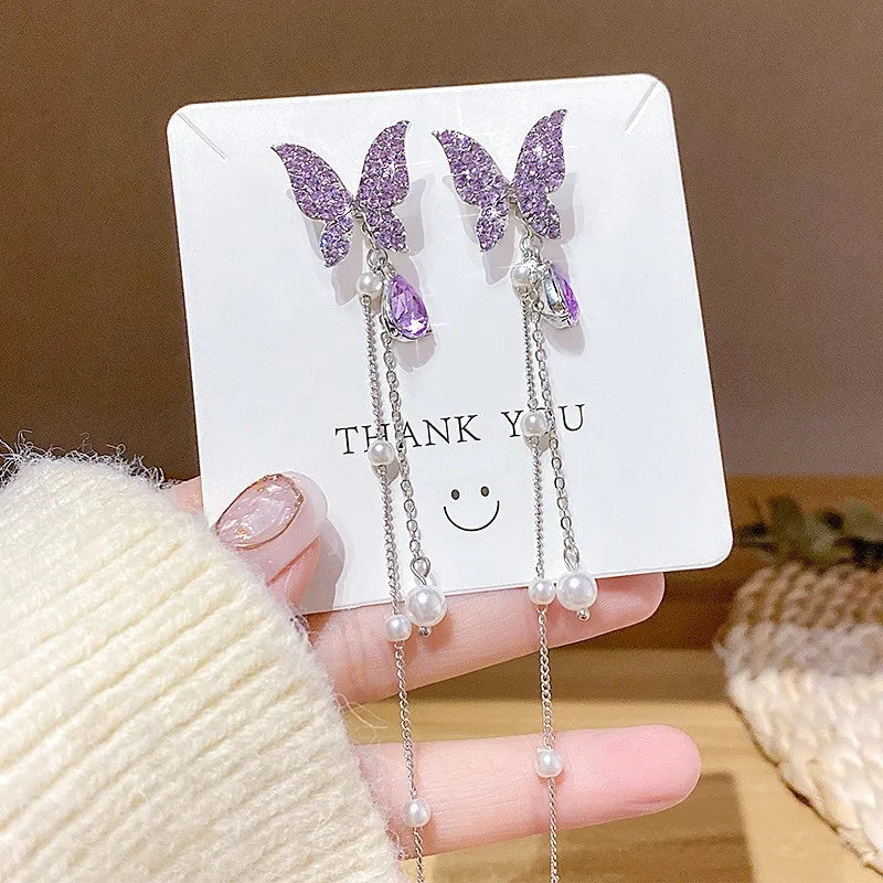 Purpule Rhinestone Butterfly Tassel Earrings for Women Imitation Pearl Beads Pendants
