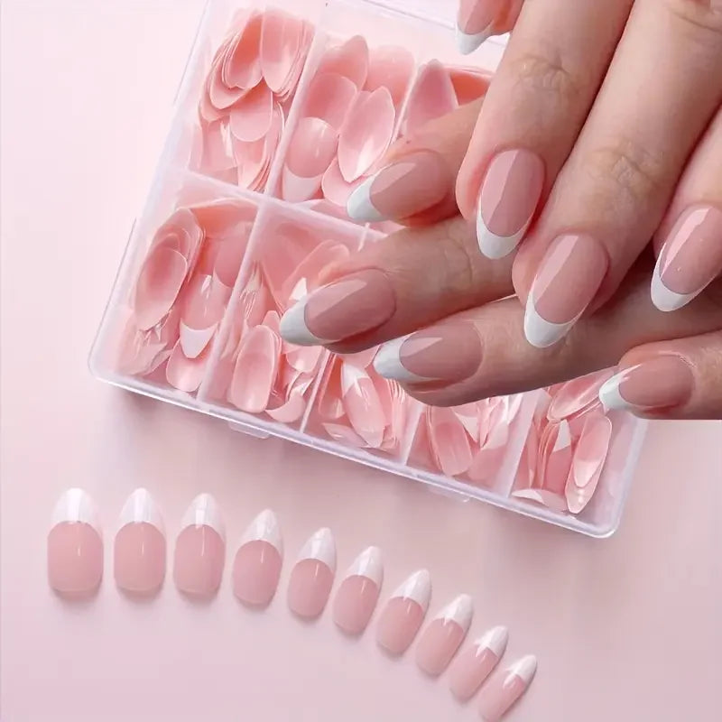 120 PCS Box Almond Shaped Pink Nail Piece White French Press On Nails