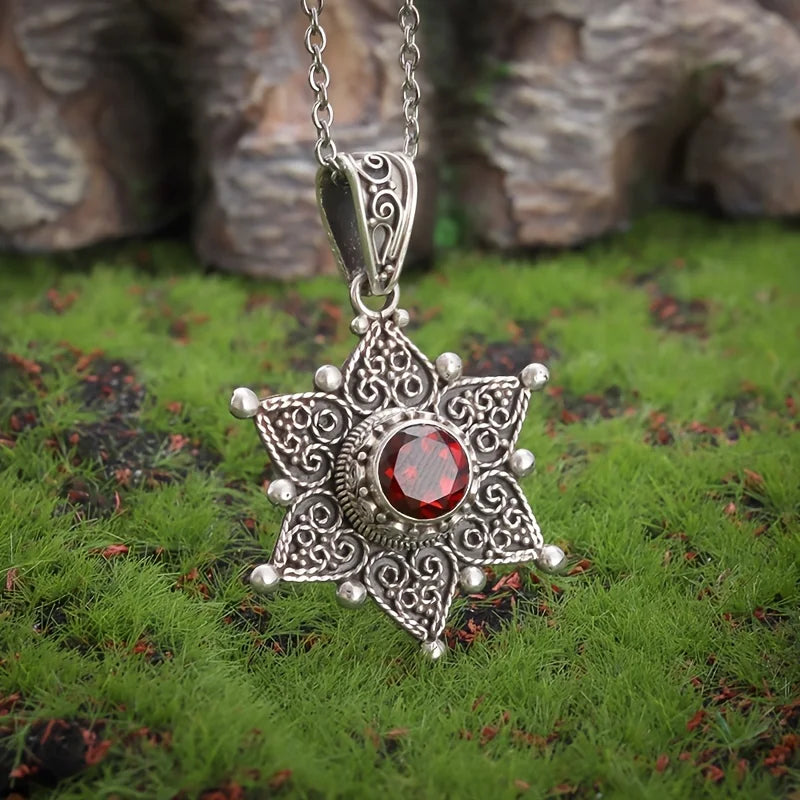A Dazzling Necklace for Women with A Red Zirconia in The Shape of An Arabic Sunflower
