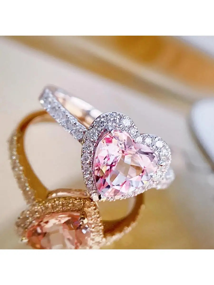 Heart Shape Pink Gemstone Pave Setting Fashion Ring For Women