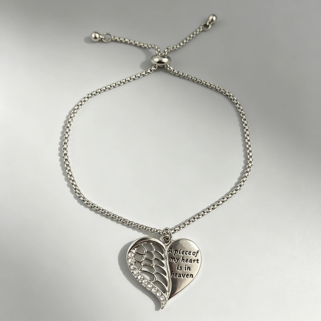 Smooth Polished Angel Heart Bracelet Half Wing Engraved Quote Charm Box Chain Adjustable Bracelet for Women