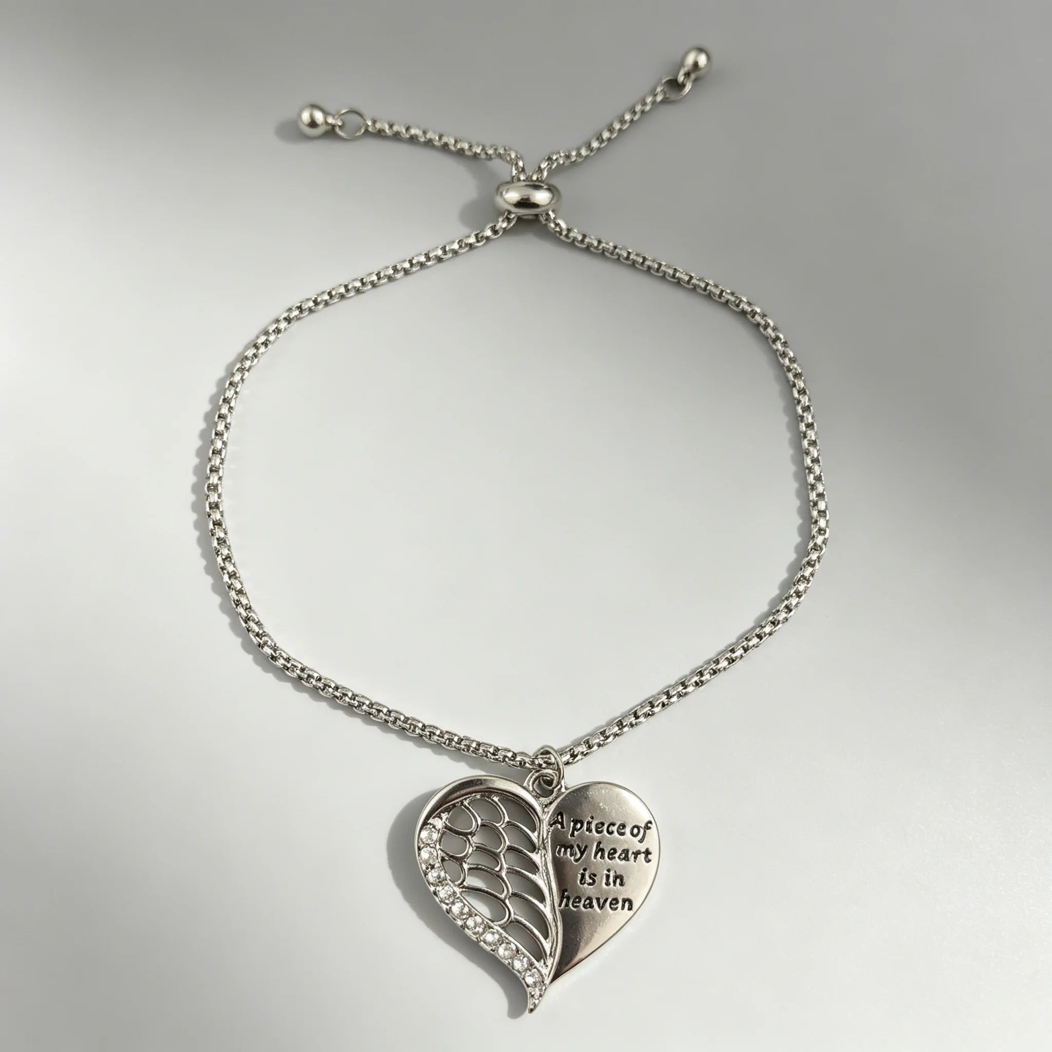 Smooth Polished Angel Heart Bracelet Half Wing Engraved Quote Charm Box Chain Adjustable Bracelet for Women